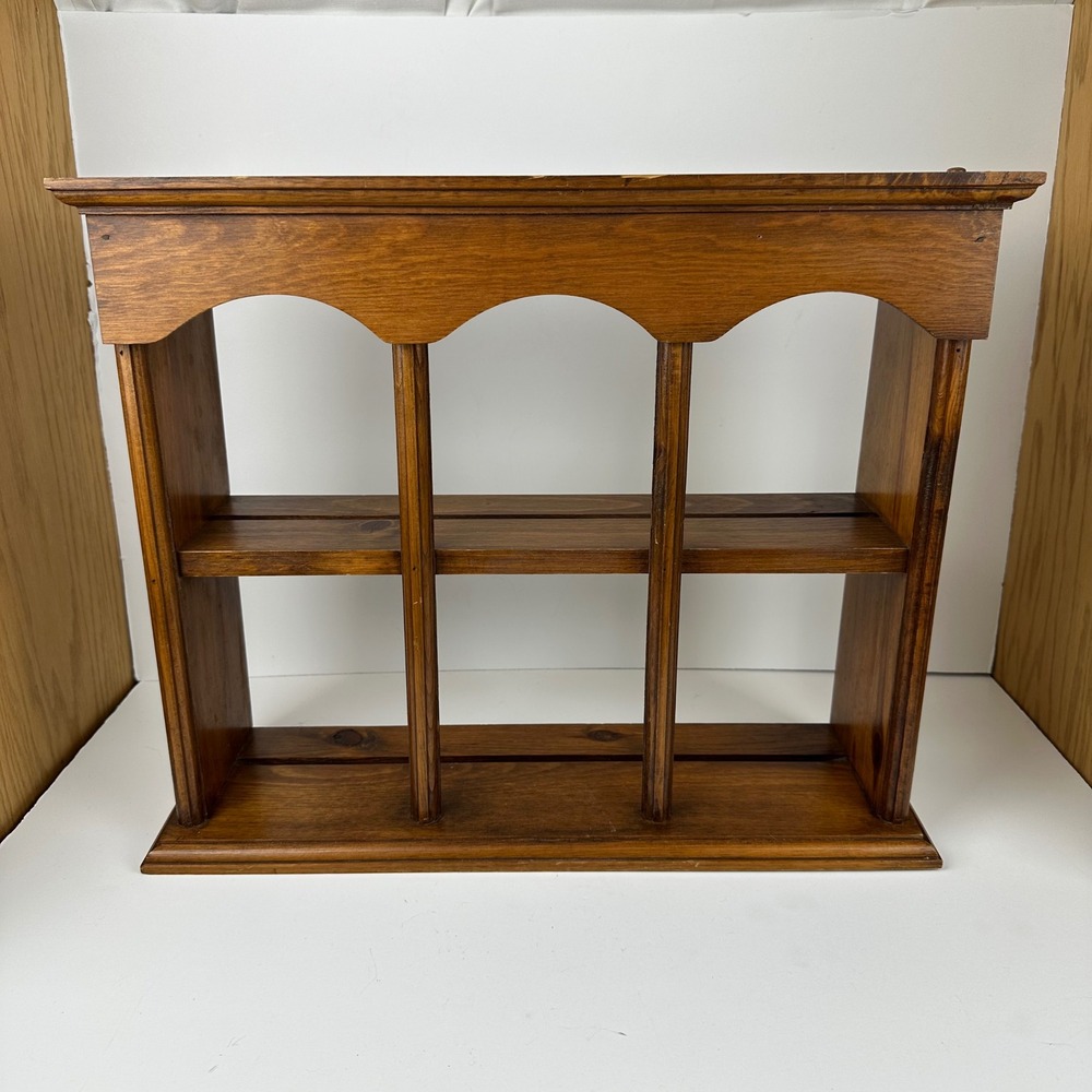 Vtg Wood Wall Display Shelf Scalloped 6 Slot Shadow Box Brown Farmhouse Mug